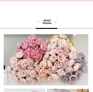 Detailed view of 27-head silk peony bouquets in pink, champagne, and violet colors