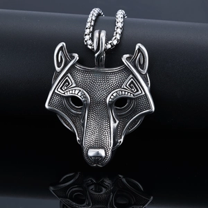 Viking wolf head necklace in silver stainless steel with intricate mythological details