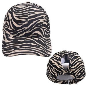 Zebra print ponytail baseball cap with back opening and adjustable metal buckle