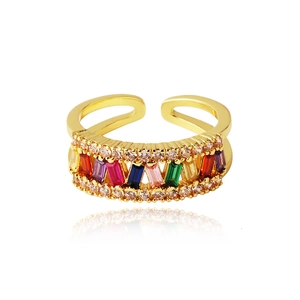 Macro shot of 18K gold plated ring with colorful zircon stones and adjustable band