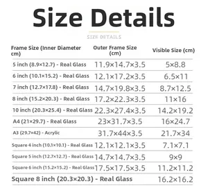 Detailed size chart for minimalist wooden photo frames from 5 inch to A3 specifications