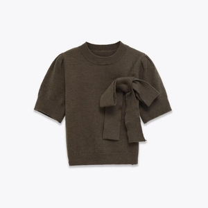Haut En Tricot À Manches Courtes Pour Femmes Élégant Col Rond Avec Décor De Grand Nœud Chic Mode Pull En Tricot Côtelé
