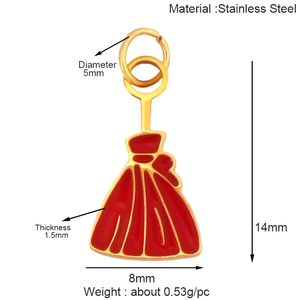 Macro view of 316 stainless steel red enamel money bag pendant with size specifications