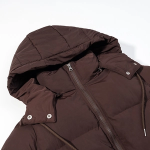 Women's dark brown hooded windproof parka with adjustable drawstring waist detail