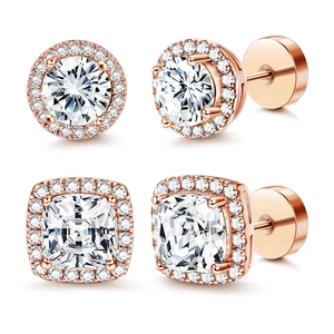 Luxurious rose gold brass earrings set with halo round and square zircon studs on white