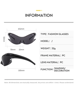 Detailed technical drawing of Y2K sunglasses with precise dimensions and PC frame specifications