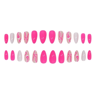 Hot pink and white swirl pattern long almond press-on nail set with 24 pieces