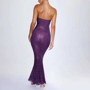 Elegant deep purple sequin strapless mermaid evening gown with backless floor length design