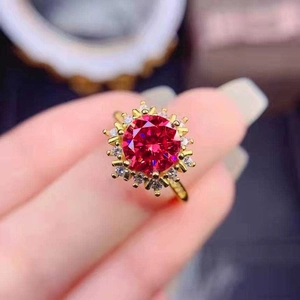 18K Gold Plated Copper Red Corundum Ring For Women Luxury Pave Rhinestone Snowflake Adjustable Open Ring Fashion Gemstone Jewelry