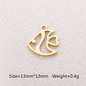 Macro view of gold fish tail charm with heart cutout and 13mm size specifications