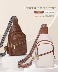 Detail view of stylish PU leather chest bags with geometric straps in dark brown and off-white