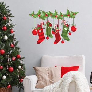 Christmas wall stickers with festive socks and greenery decor for cozy holiday room styling