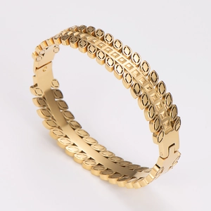 Vintage Gold Bangle 304 Stainless Steel Leaf Pattern Geometric Hollow Out Clasp Bracelet For Women Minimalist Jewelry