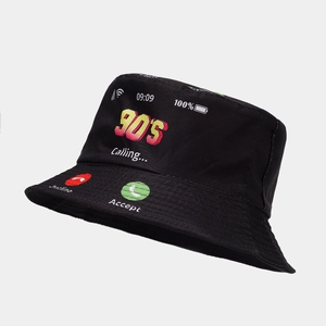 Close-up of black cotton bucket hat with creative retro 90s incoming call screen print