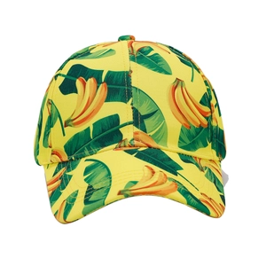 Yellow baseball cap with tropical green banana leaf pattern and curved brim for sun protection