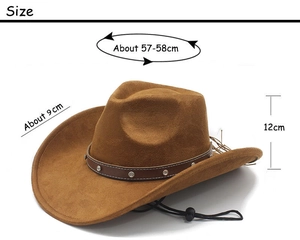 Tableau des tailles du chapeau de cowboy marron avec bande à rivets et cordon de serrage