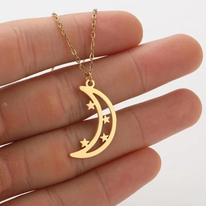 Crescent Moon Star Pendant Necklace Stainless Steel Geometric Hollow Pentagram Retro Clavicle Chain For Women Jewelry