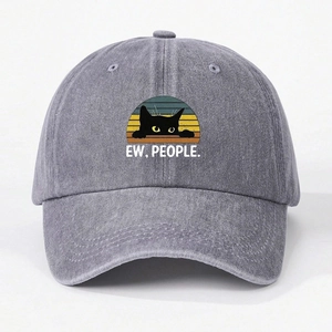 Washed grey denim baseball cap featuring a black cat and 'EW, PEOPLE' vintage print