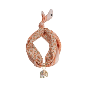 Floral fabric scarf necklace with a white enamel elephant pendant and colorful rhinestones