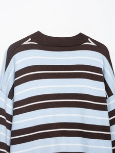 Close-up of ribbed neckline and colorful striped knit pattern on a cozy sweater