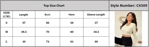 Detailed size chart for rib knit long sleeve yoga crop top with V-neck measurements