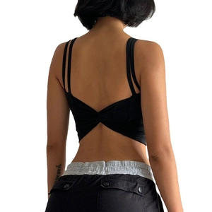 Black high-impact sports bra with cross-knot back design and double thin straps