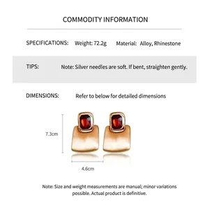 Detailed dimensions and weight info for rectangular gold alloy earrings with rhinestones