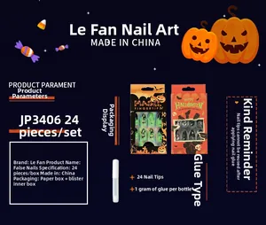 Detail view of 24pcs Halloween press-on nails set with pumpkin and bat designs