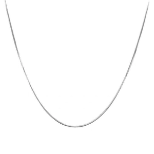 Minimalist silver snake chain necklace detail showing the fine metallic texture and smooth link design