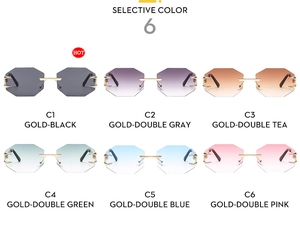 Detailed grid of six rimless octagonal sunglasses with metal frames and colored lenses