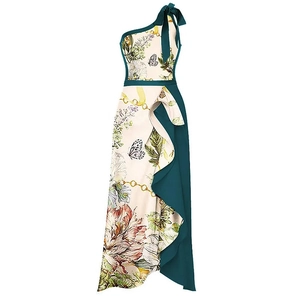 Detail of ruffle trim on an asymmetrical one-shoulder floral print maxi dress with bow