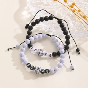 Handmade 2026 World Cup soccer bracelets with black and marble beads, set of two