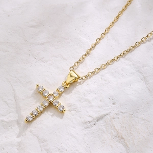 Classic minimalist gold plated cross pendant necklace with micro inlaid zircon on stone