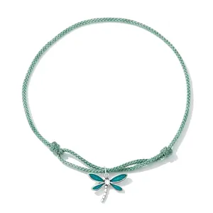 Adjustable green cord bracelet featuring a 925 sterling silver dragonfly pendant with blue enamel