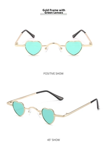 Front and 45-degree angle view of gold frame heart sunglasses with green lenses