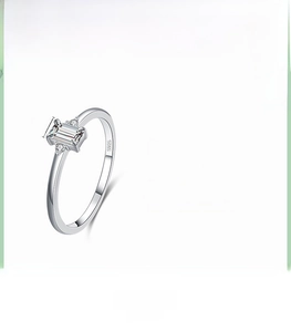 Detail view of S925 sterling silver ring with 3x5mm rectangular zircon and side diamonds