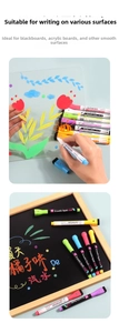 Detail of colorful 1-2mm liquid chalk markers writing on acrylic board and blackboard surface