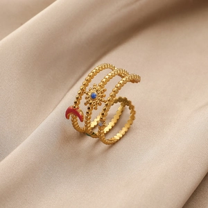 Bohemian gold plated multi-layer open ring featuring moon and sun motifs on silk fabric