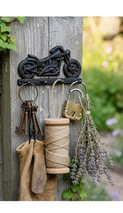 Detalle de un gancho de pared de hierro estilo moto retro con llaves y flores