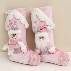 Pink sequin Christmas stockings with Santa and Snowman figures in velvet and knit fabric