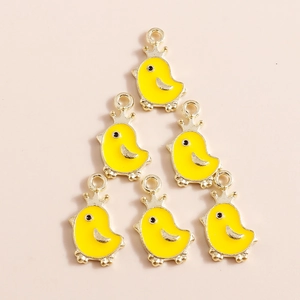 Set of six cute yellow enamel chick pendants with golden crown for DIY jewelry