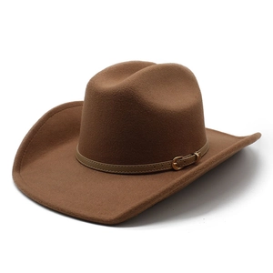 Close-up of brown wool felt cowboy hat featuring a leather band with gold metal buckle