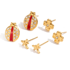 Three-pair gold stainless steel stud earrings set with beetle, clover, and dragonfly designs