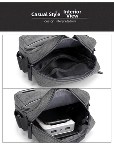 Detail of the gray oxford crossbody bag showing interior compartments and zipper pockets