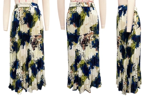 Detailed view of high-waist pleated midi skirt with abstract oil painting floral print