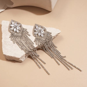 Luxury geometric flower tassel earrings with zircons in silver finish for women