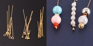 Detail of 18K gold-plated stainless steel eye pins and ball pins for DIY jewelry making