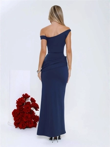 Elegant navy blue bodycon one-shoulder maxi dress with fishtail hem and open back
