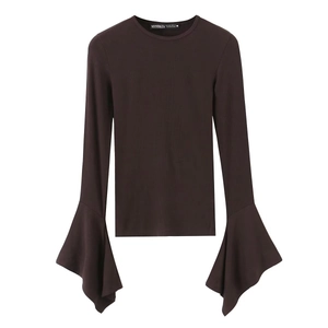 Women's dark brown ribbed knit top with dramatic flared bell sleeves and crew neck