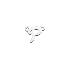 Macro view of polished stainless steel letter P connector pendant with dual side loops
